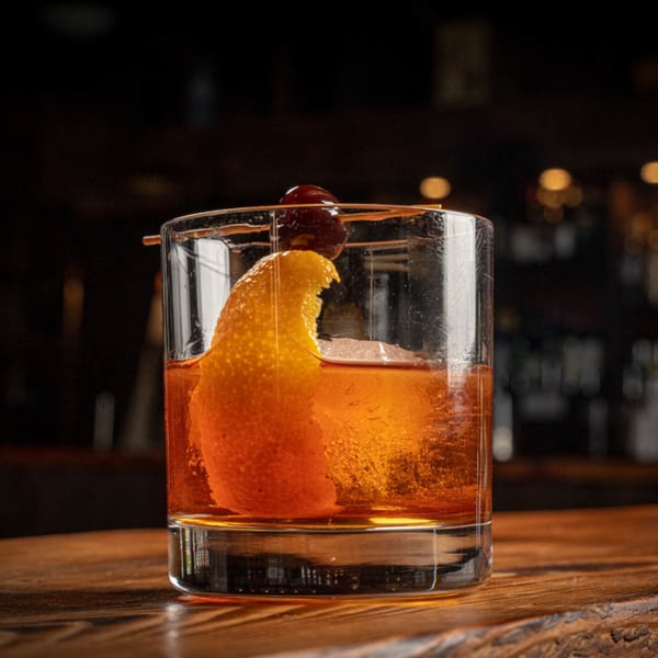 An Old Fashioned cocktail with an orange peel and cherry on a wooden bar at Antica Sicilia.